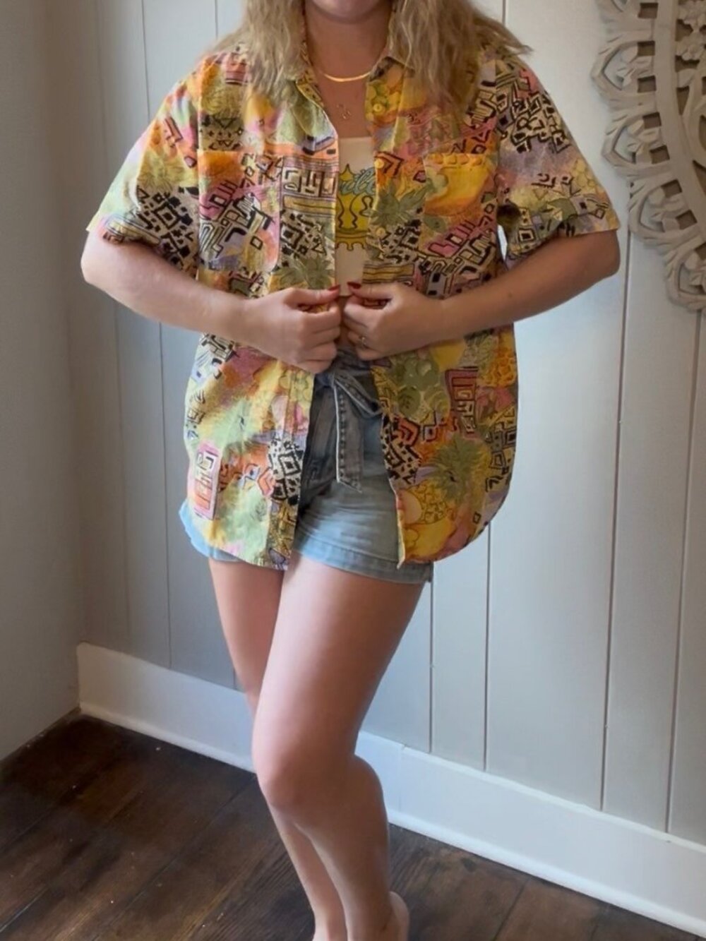 Vintage Westbound Fruit Geometric Mosaic Short Sleeve Button Down Blouse